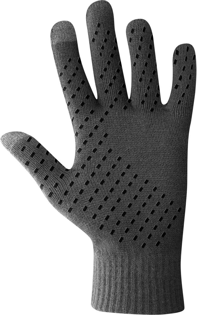 Gant gris à motifs. Des perforations carrées noires sont visibles sur la main.
