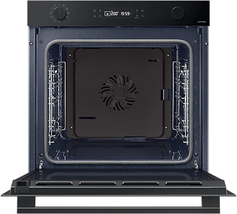 Black oven with an open door, revealing the interior with racks and a fan.