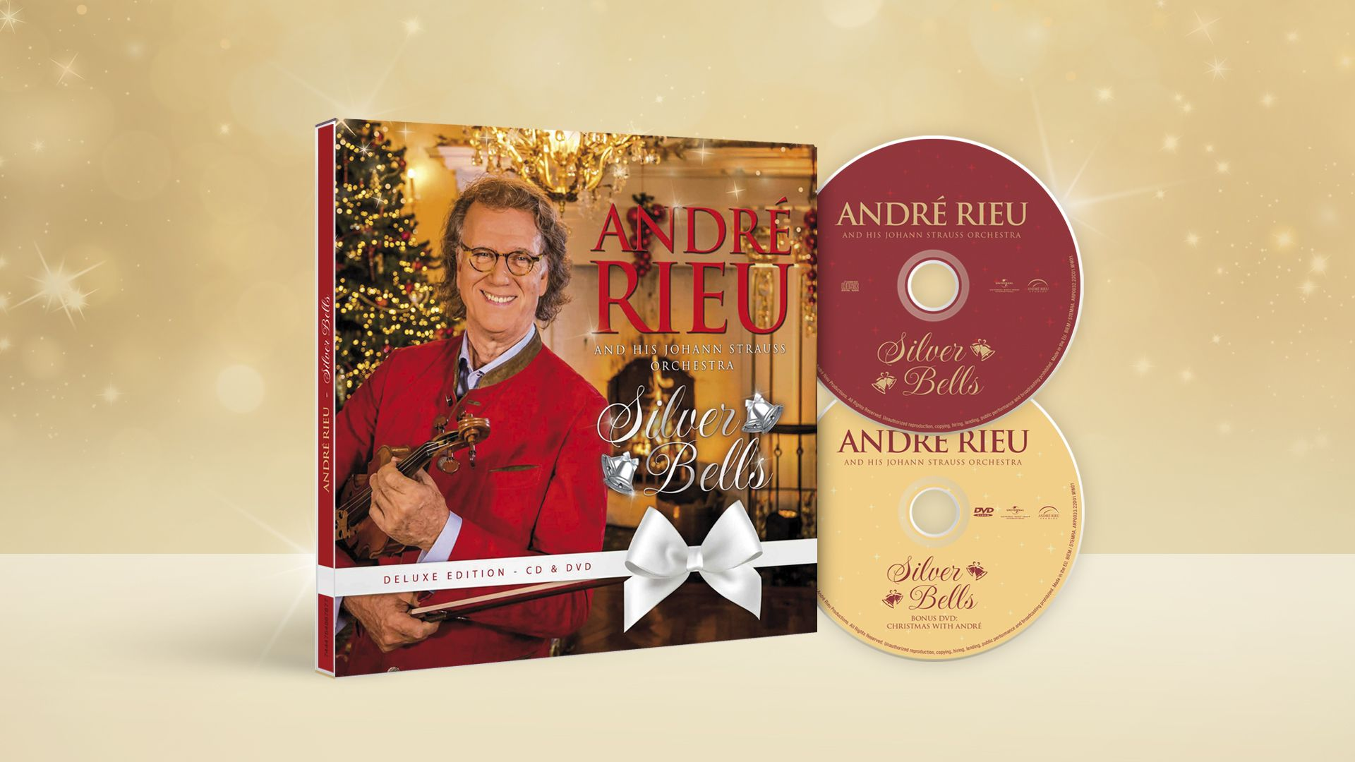 Andre Rieu CD & DVD-Set. Mit Andre Rieu mit Geige. Titel Silver Bells mit weißer Schleife.