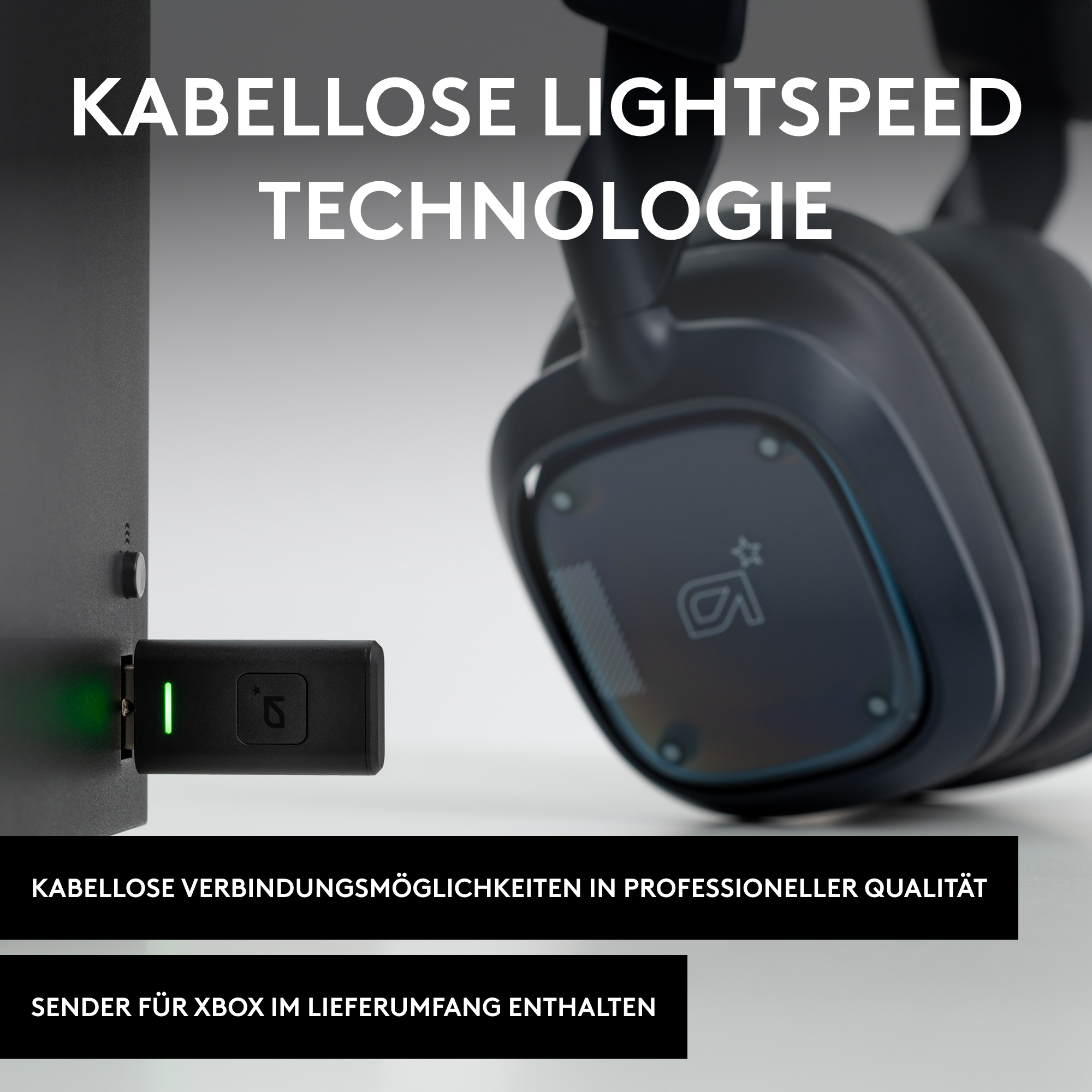 Schwarzes und graues drahtloses Headset und Empfänger, Text und weißer Hintergrund.