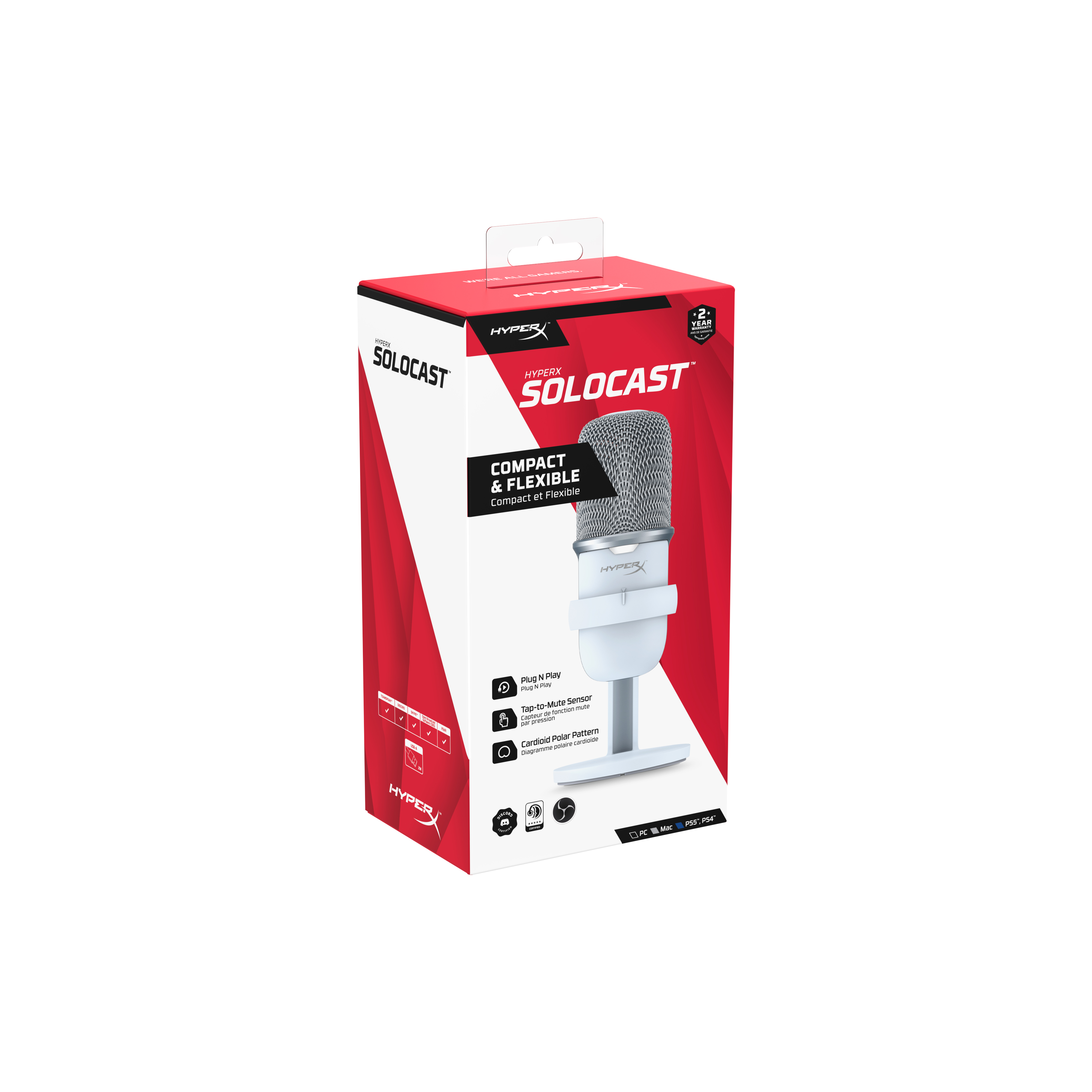 Beyaz ve kırmızı renk şemasına sahip bir kutuda HyperX Solocast mikrofon.