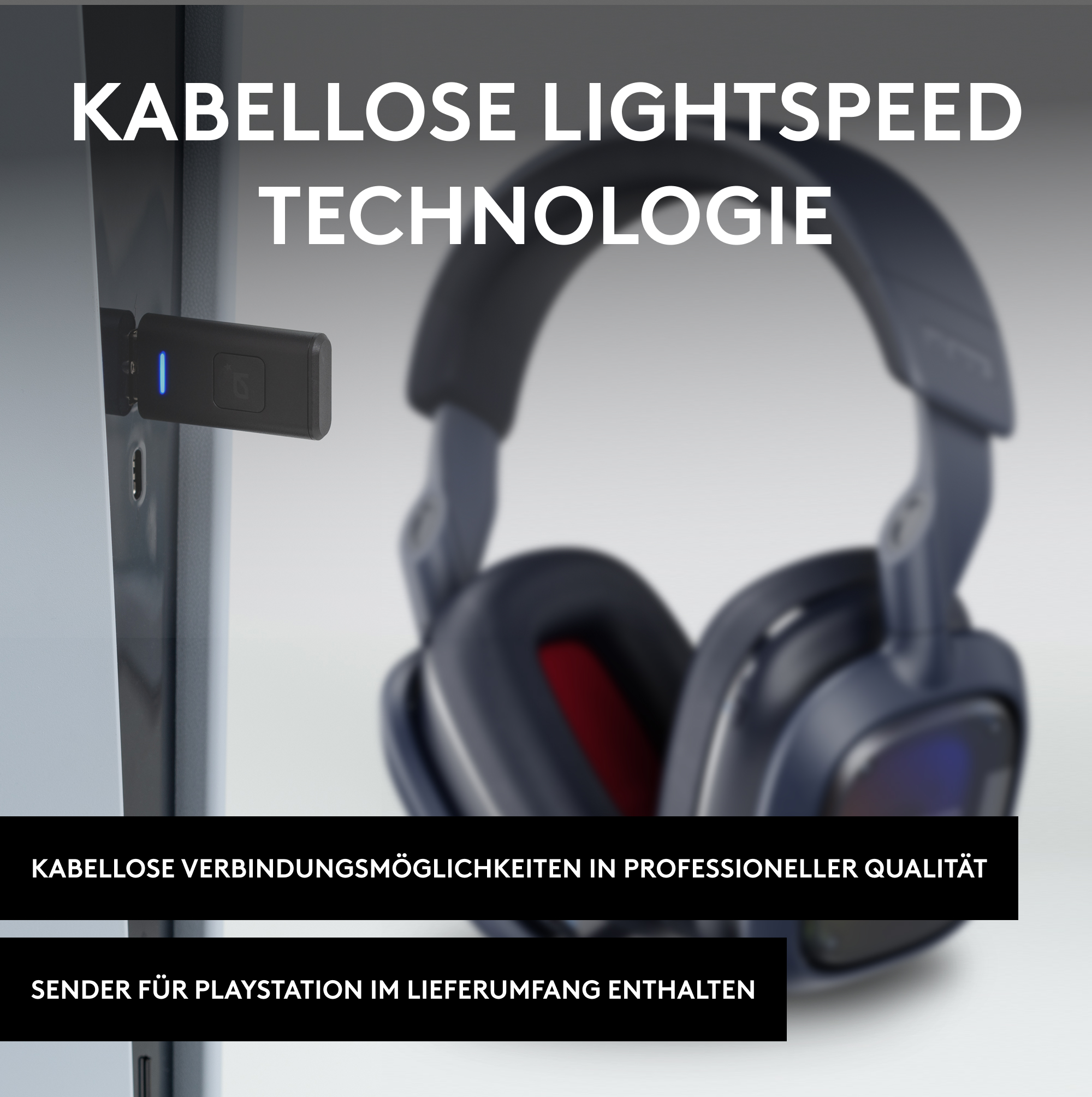 Kabelloses Gaming-Headset und Empfänger, mit Text-Overlay. Blaues und schwarzes Farbschema.