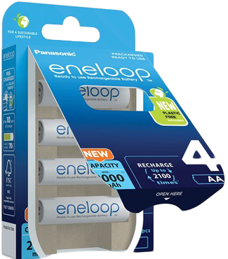 Panasonic eneloop AA akkumulátor csomag, kék és fehér, szöveggel és képekkel.