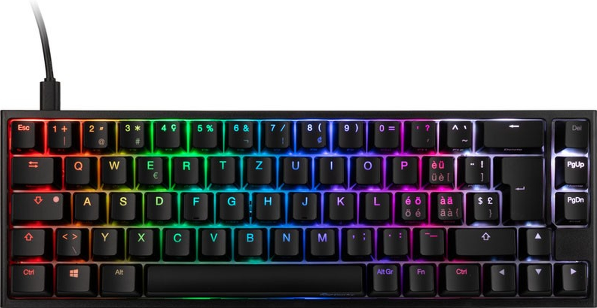 RGB-Mechaniktastatur. Schwarze Tasten, Regenbogen-Hintergrundbeleuchtung. Buchstaben und Zahlen sind sichtbar.