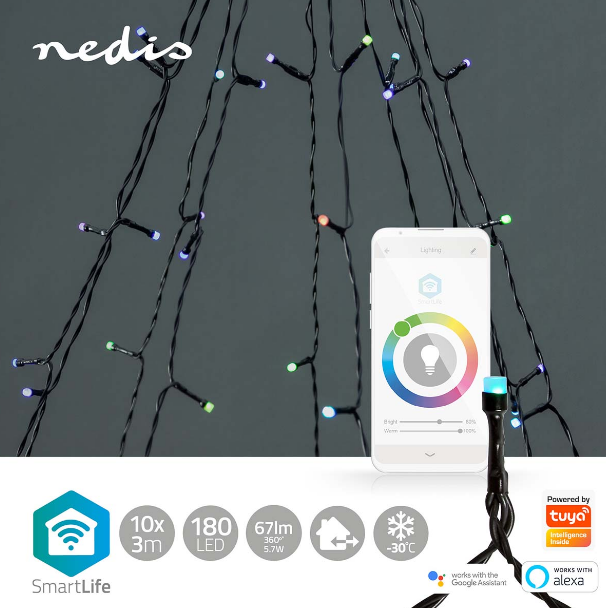 Lichterketten und ein Telefon mit Lichteinstellungen. Die Lichter sind mehrfarbig und das Telefon ist weiß.