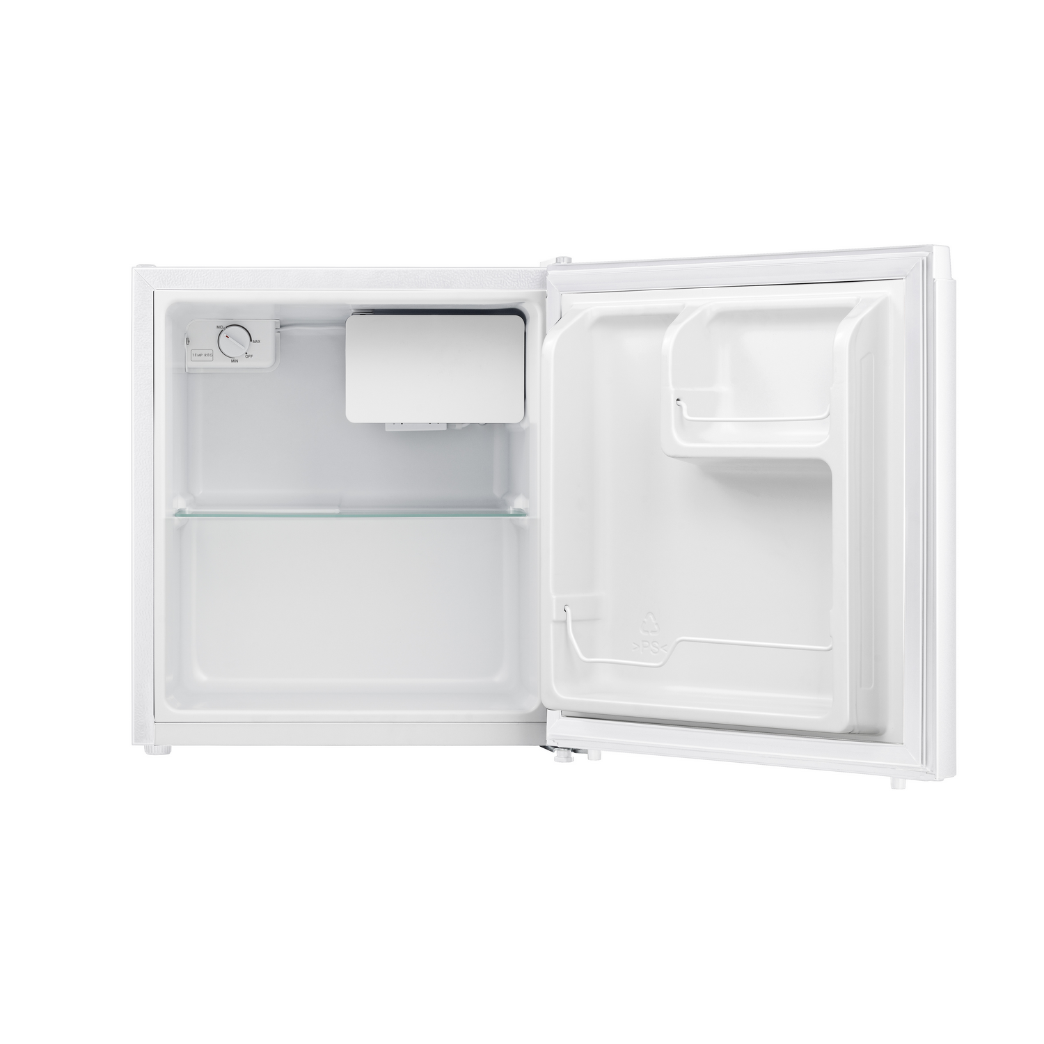 White mini-fridge with the door open showing shelves and a small ice maker.