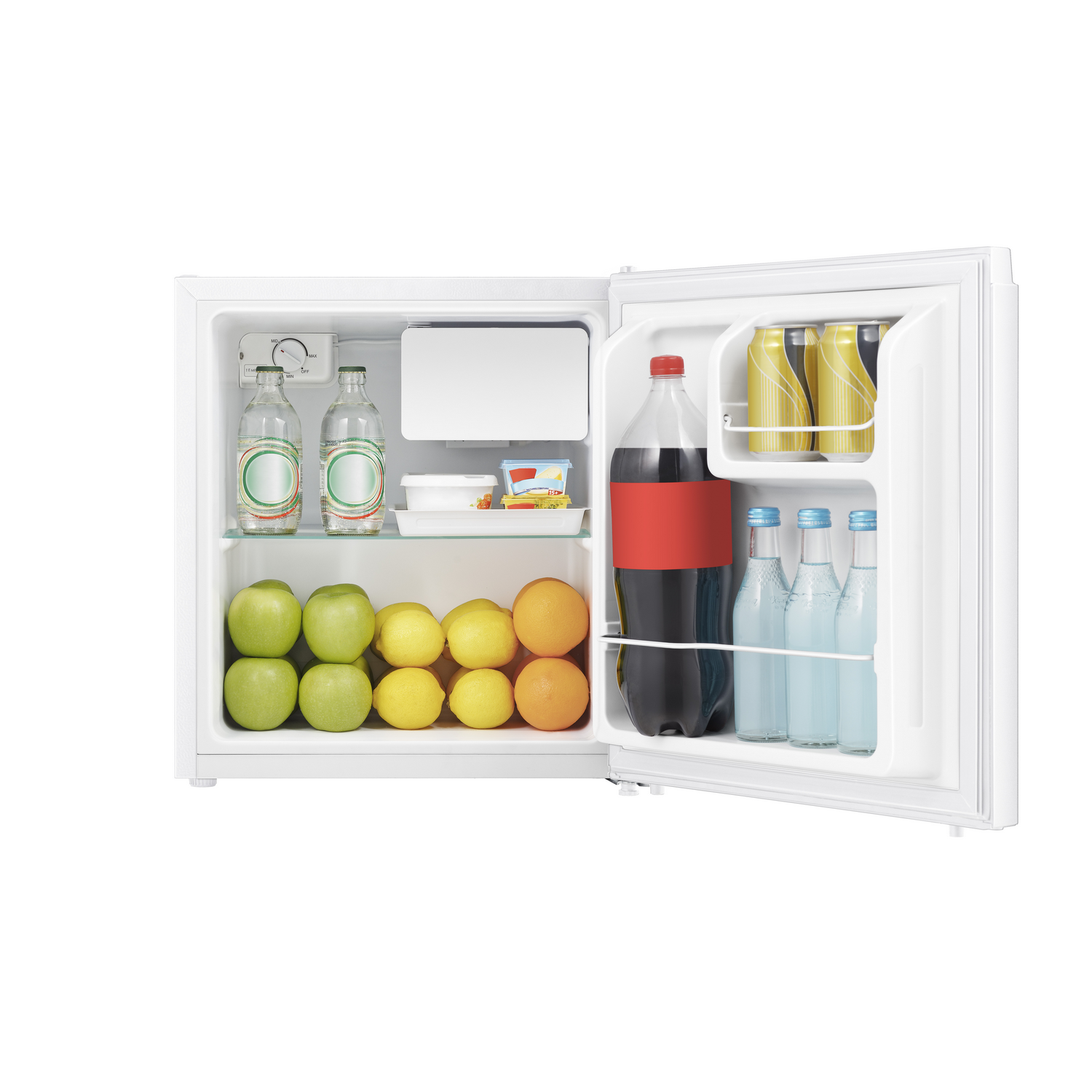 A small refrigerator with the door open, showing food and drinks inside. Has bottles and fruits.