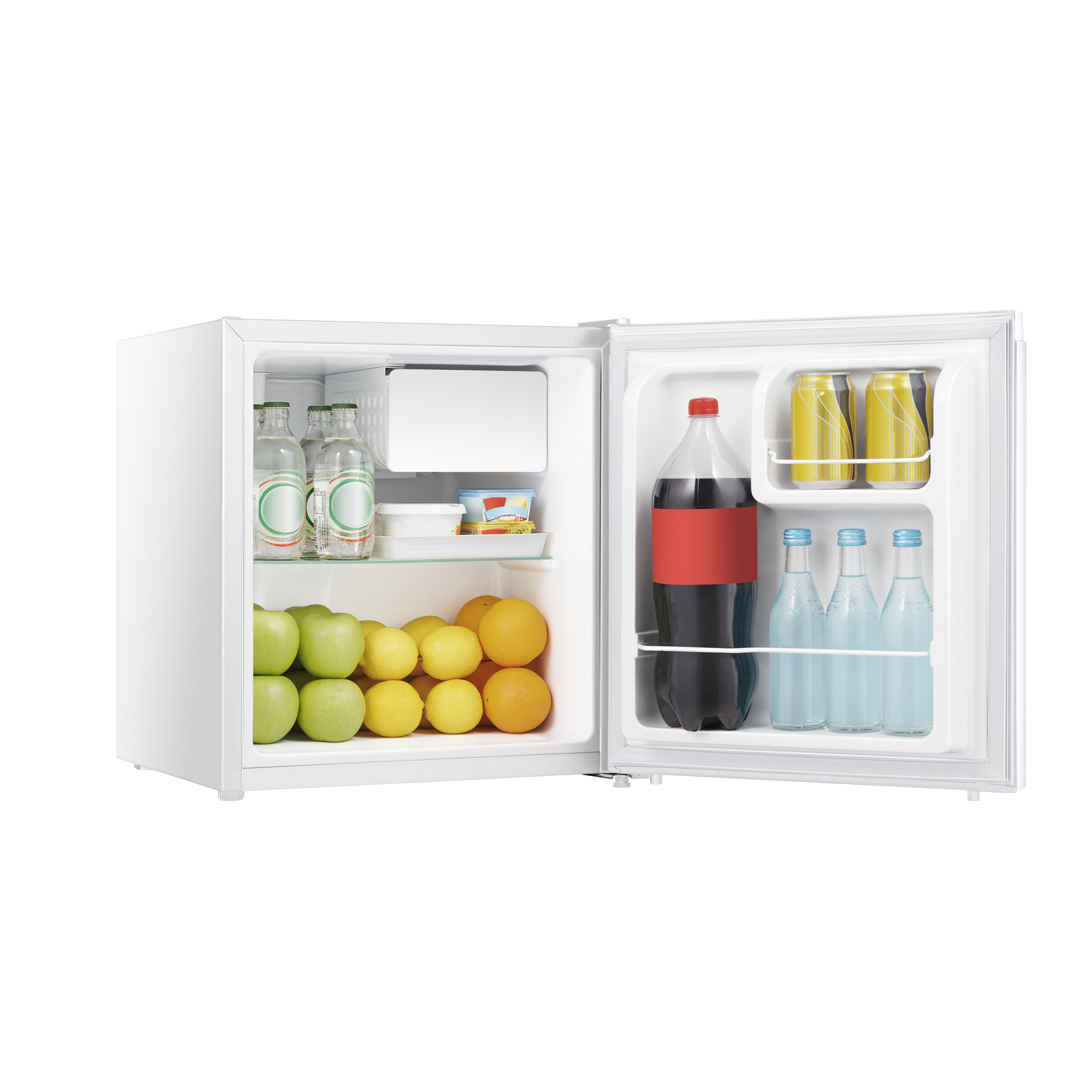 A white mini-fridge with an open door, showing drinks, fruits, and other food items inside.