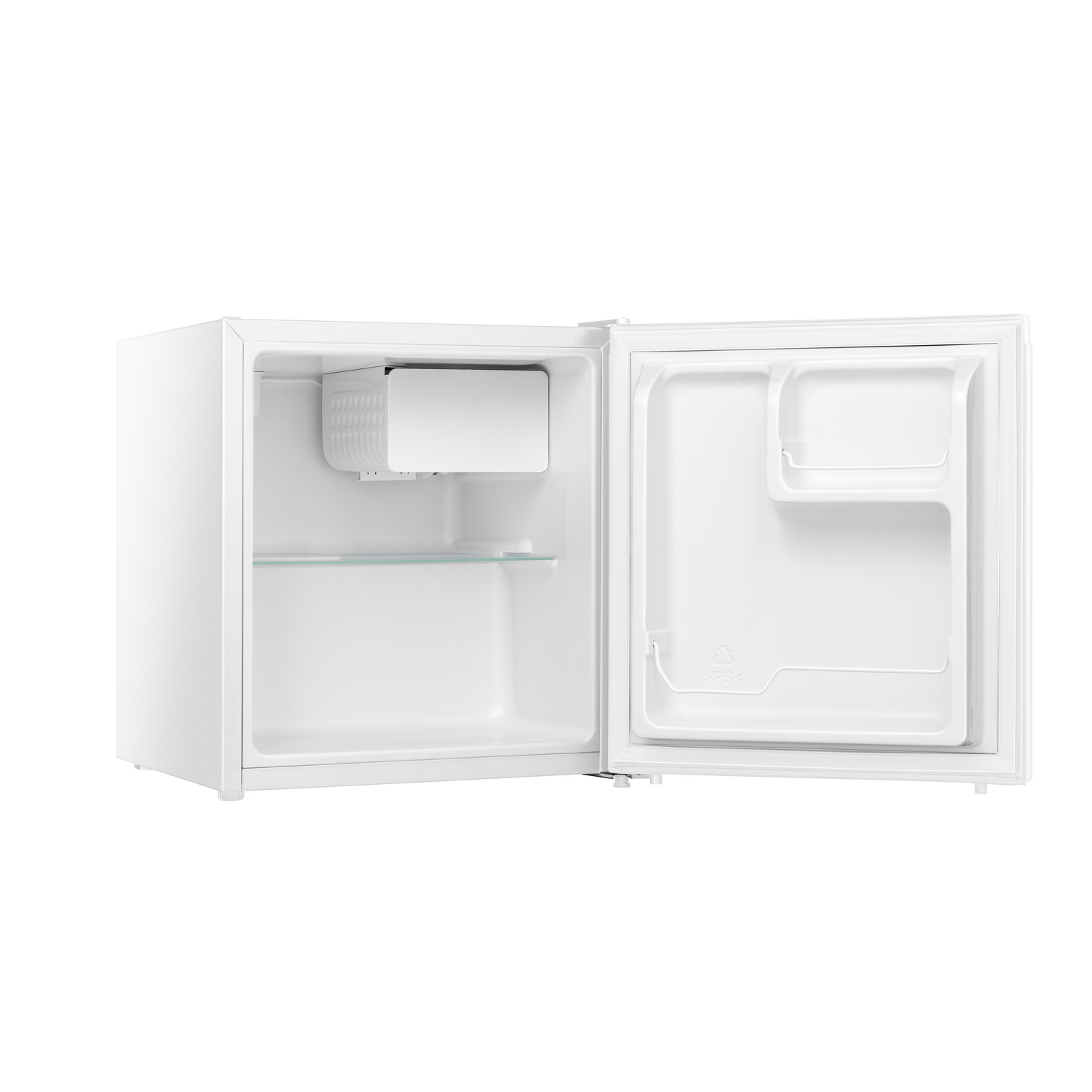 White mini-fridge with the door open, showing interior details.