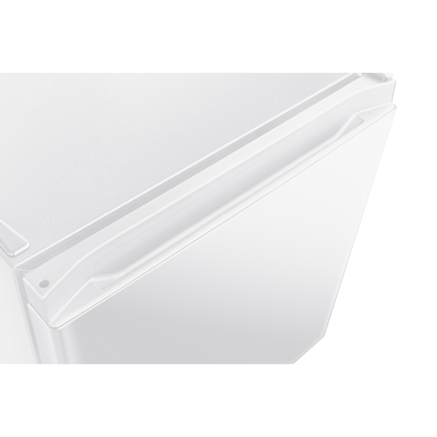 White refrigerator door with handle detail, close up.