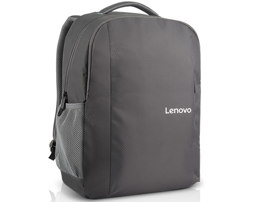 Koyu gri Lenovo sırt çantası. Ana bölmesi, yan cebi ve ön yüzünde Lenovo baskısı vardır.