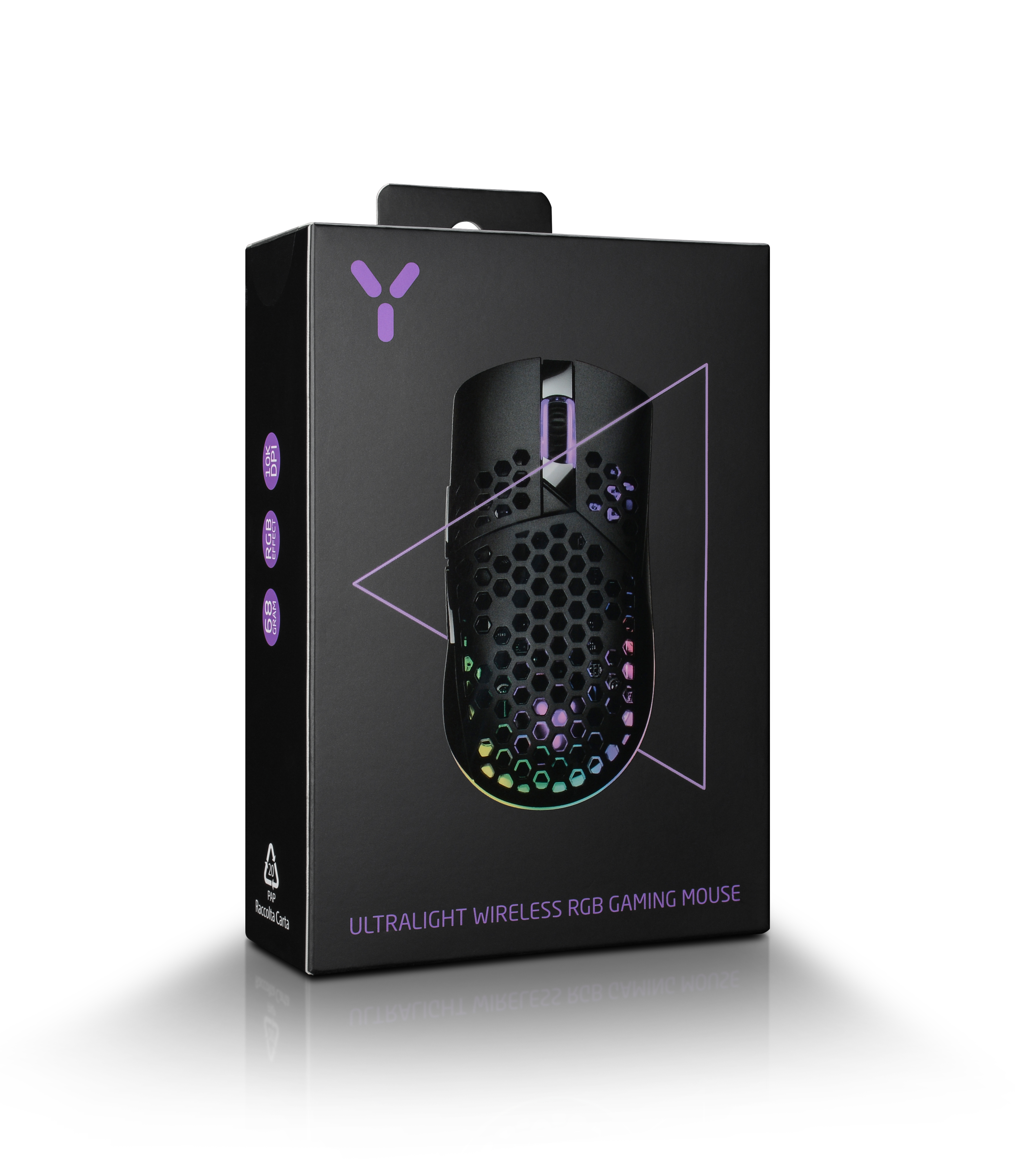 Eine schwarze und lila Ultralight Wireless RGB Gaming Maus in einer schwarzen Box vor weißem Hintergrund.