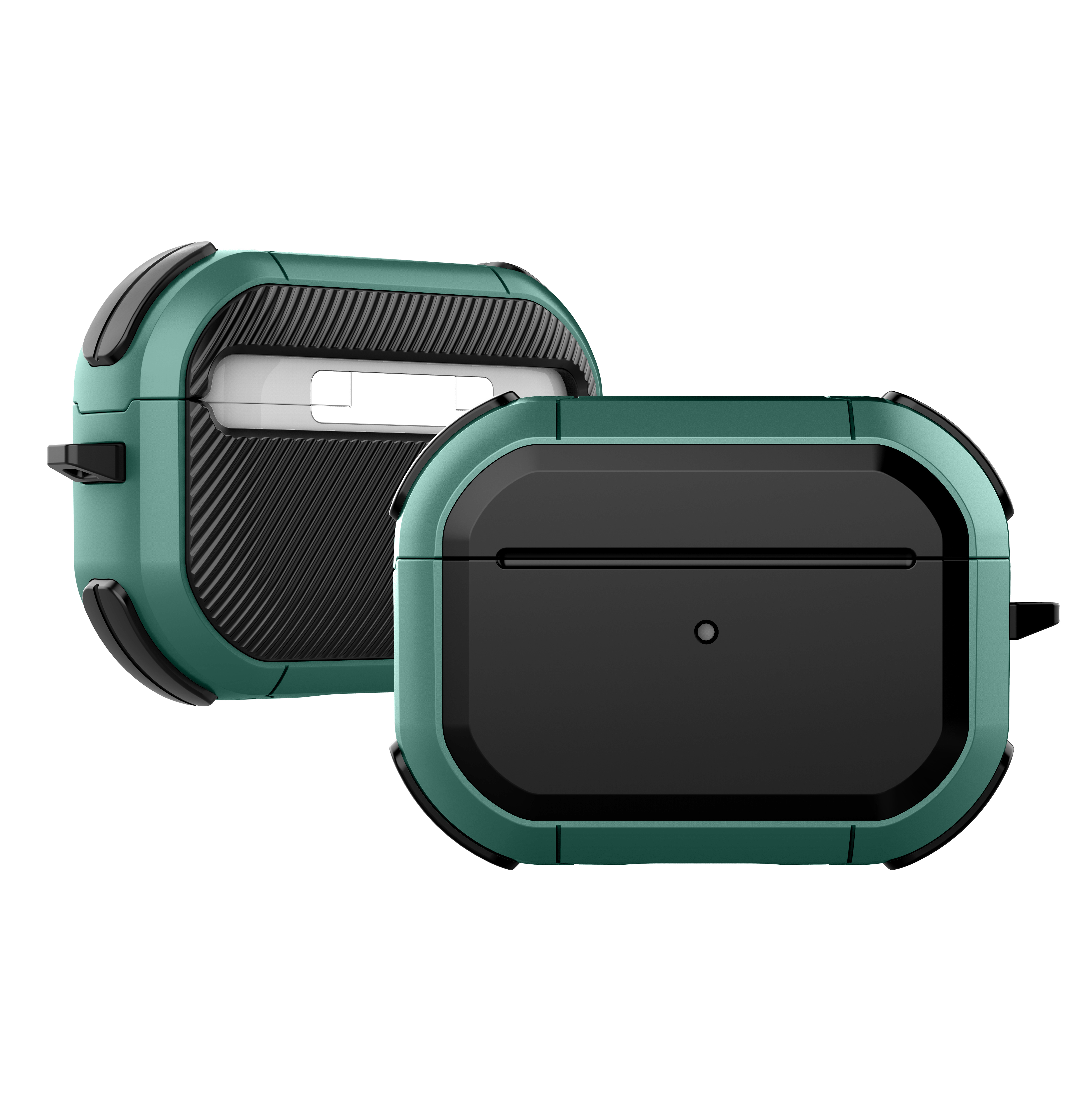 Grüne und schwarze Schutzhülle für Apple AirPods Pro. Zwei Hüllen sind sichtbar.