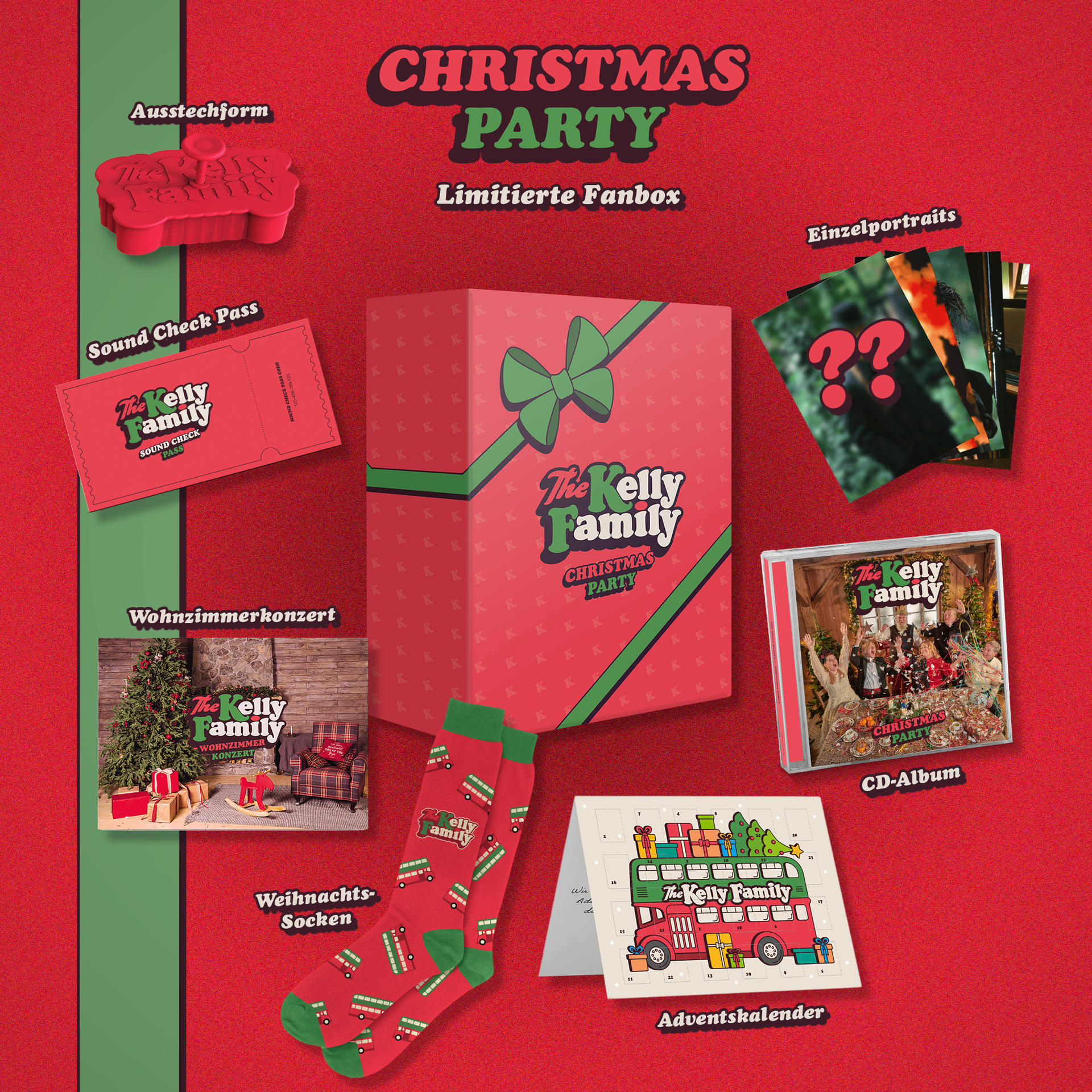 Weihnachtsparty-Fanbox mit mehreren Artikeln, darunter ein Kalender, eine CD, Socken und mehr. Roter Hintergrund.