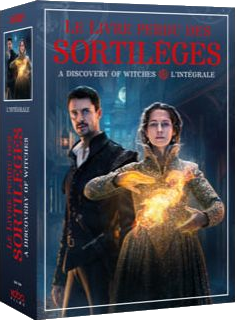A book cover with a man and woman, glowing energy. Title: Le Livre Perdu des Sortileges, A Discovery of Witches.