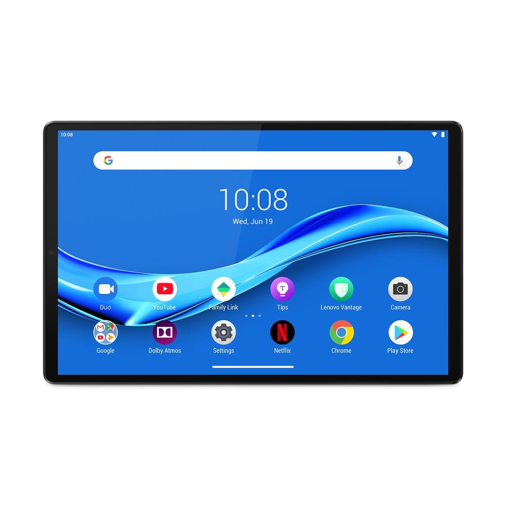 Tableta con pantalla azul mostrando iconos de aplicaciones, hora y fecha. Marco negro.