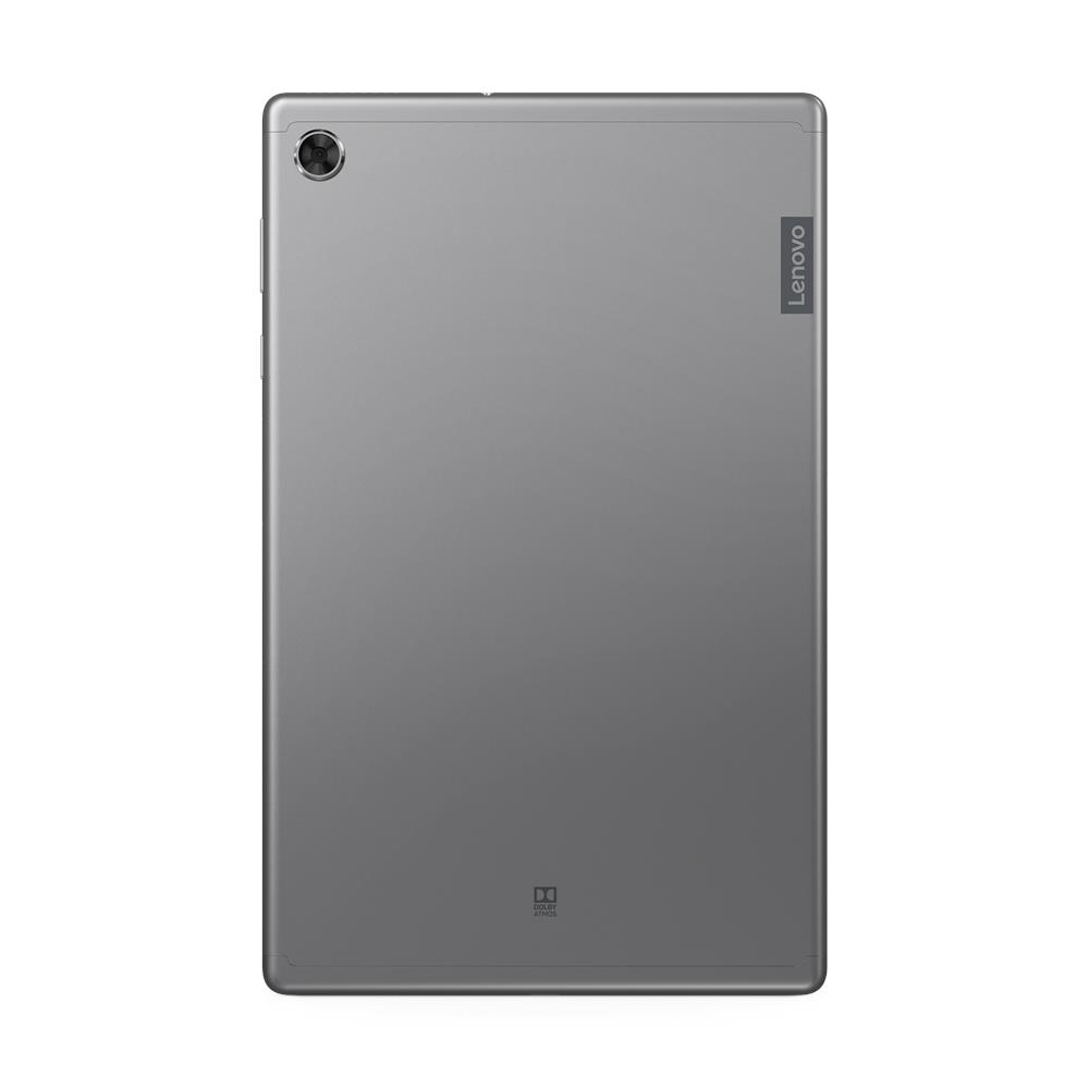Tableta Lenovo plateada, vista trasera, con cámara y logotipo de Dolby Atmos.