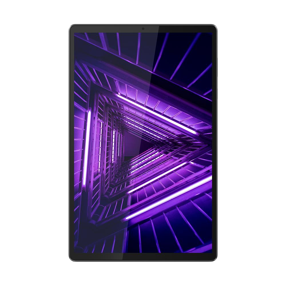 Pantalla de tableta que muestra un túnel púrpura con un patrón geométrico.
