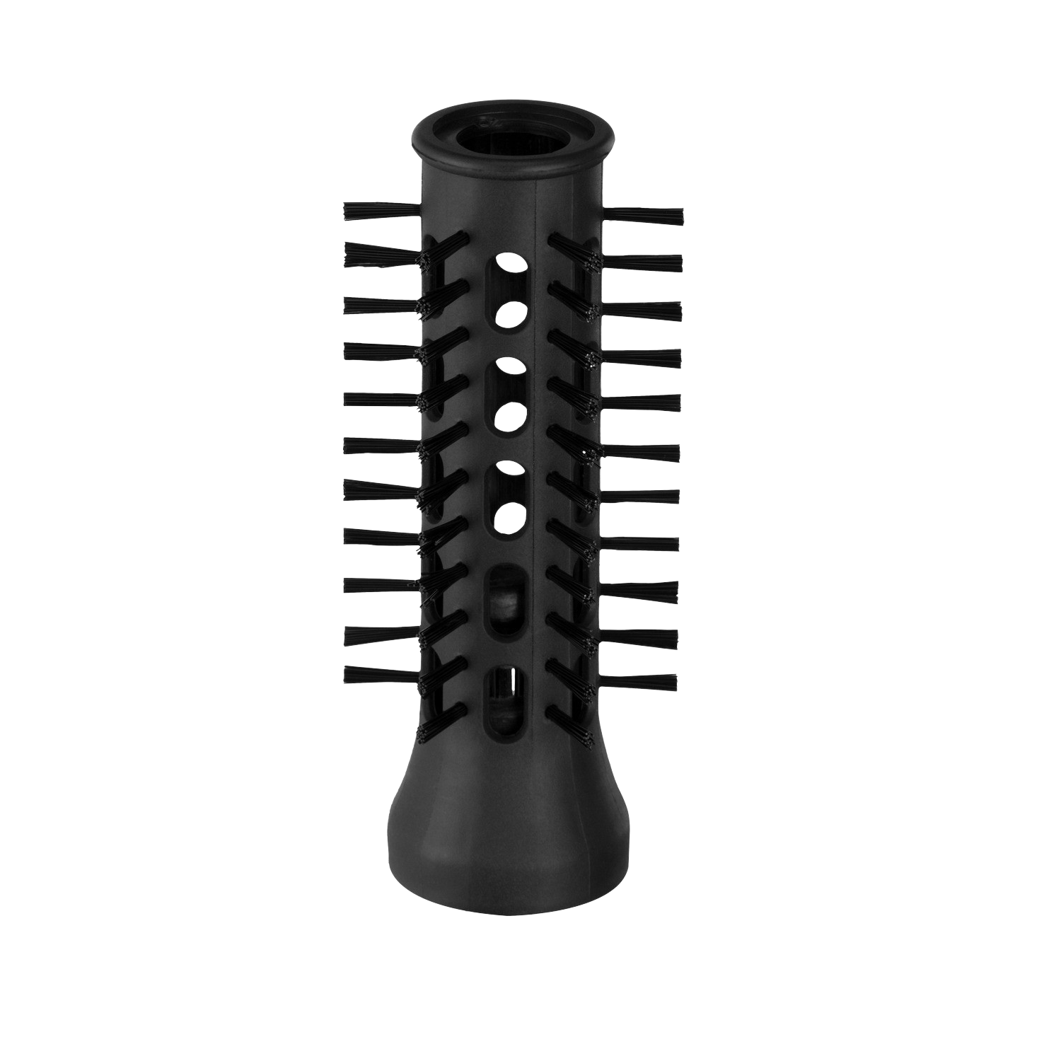 Black blow dryer attachment with multiple bristles, cylindrical shape, on black background.