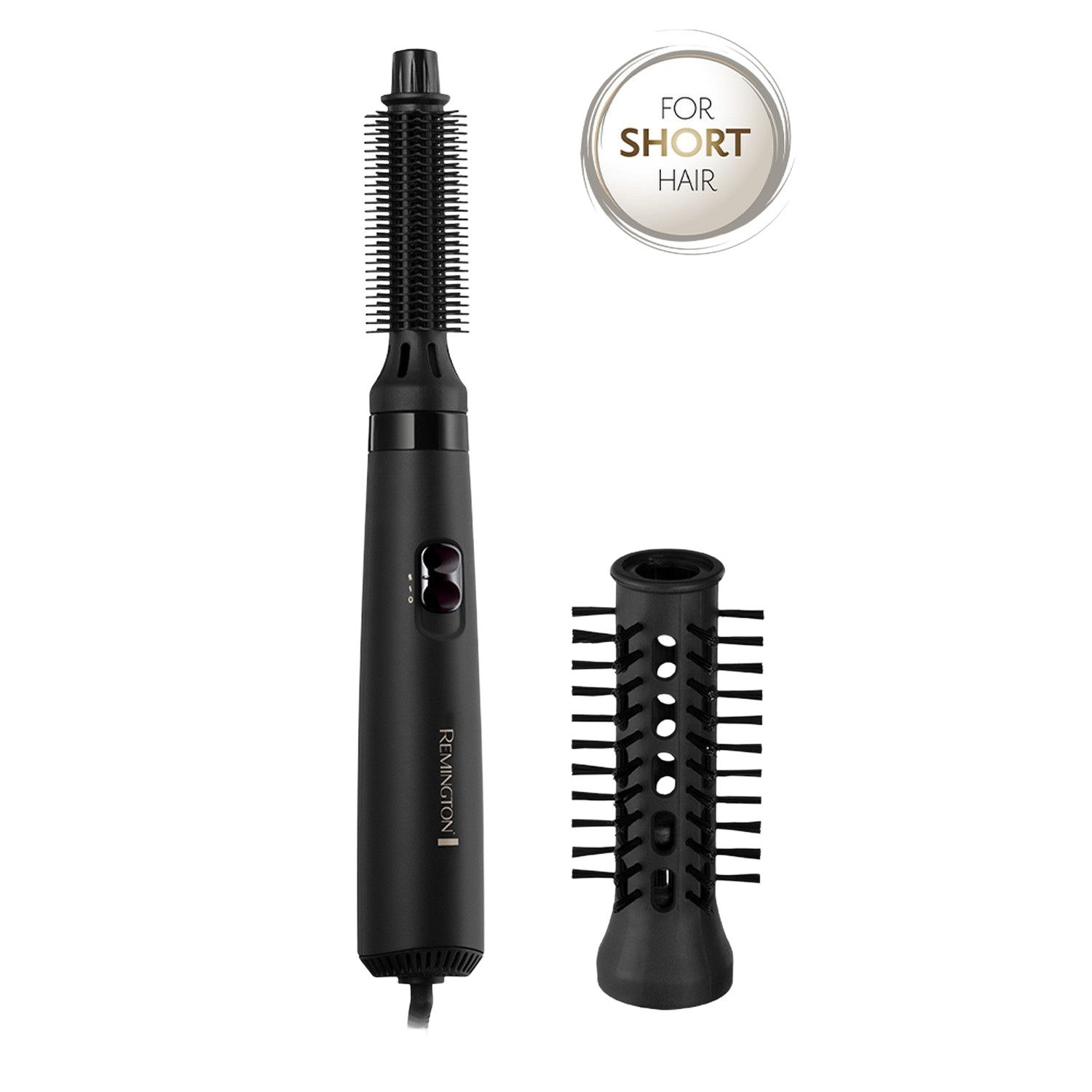 Black Remington hair styler, with two detachable attachments and a black background.