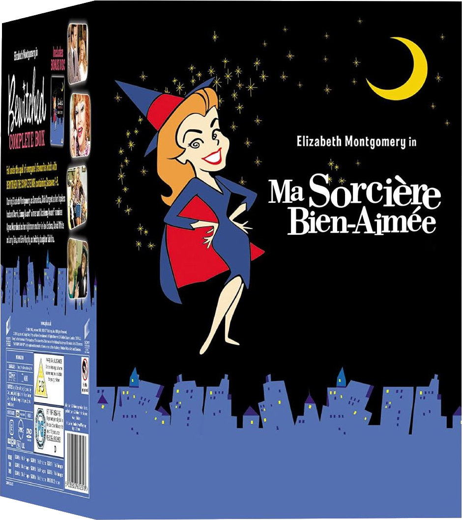 Bewitched boxset cover met cartoon heks en Elizabeth Montgomery.