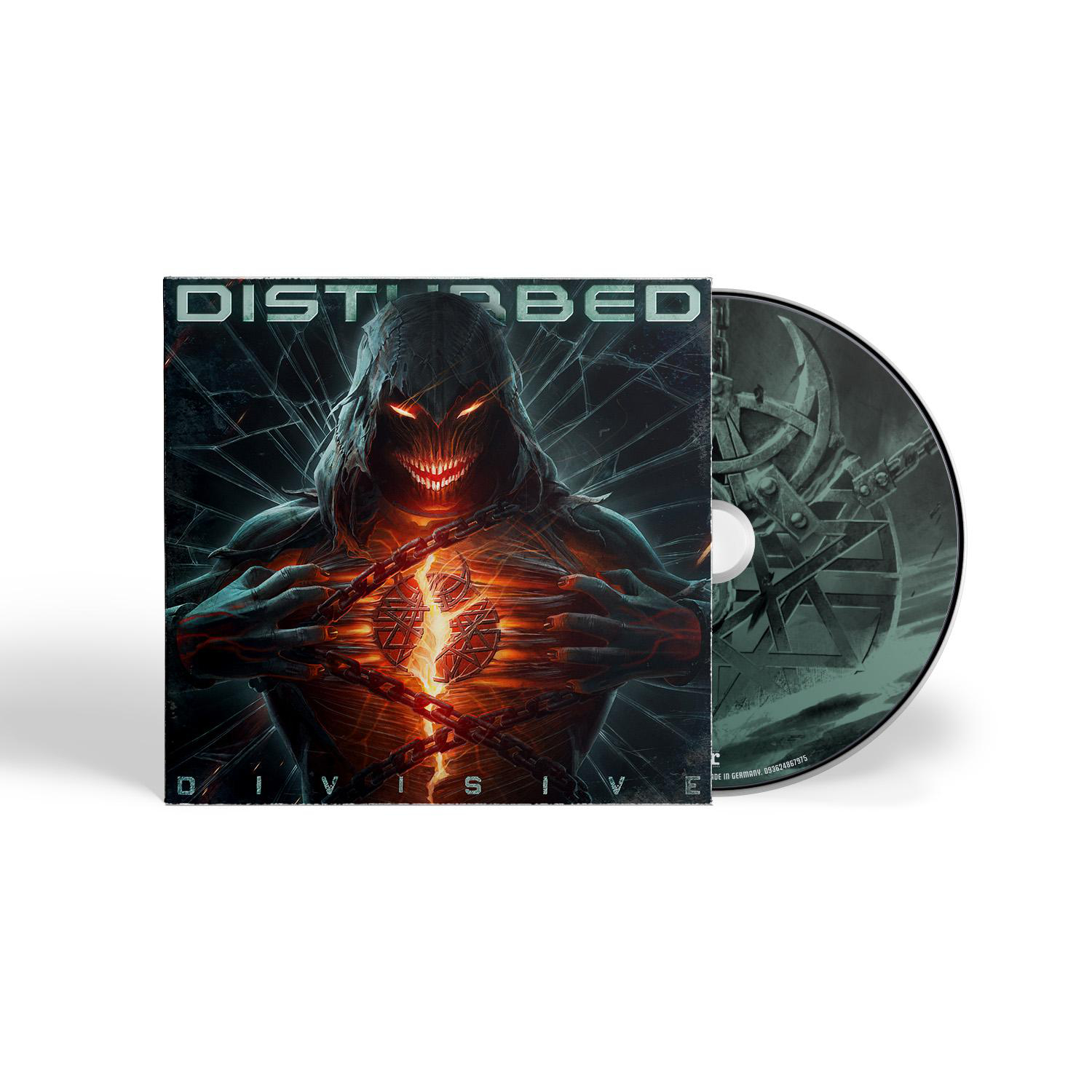 CD-Albumcover mit einer rotäugigen Figur, Ketten und dem Wort DIVISIVE. Die CD befindet sich rechts.