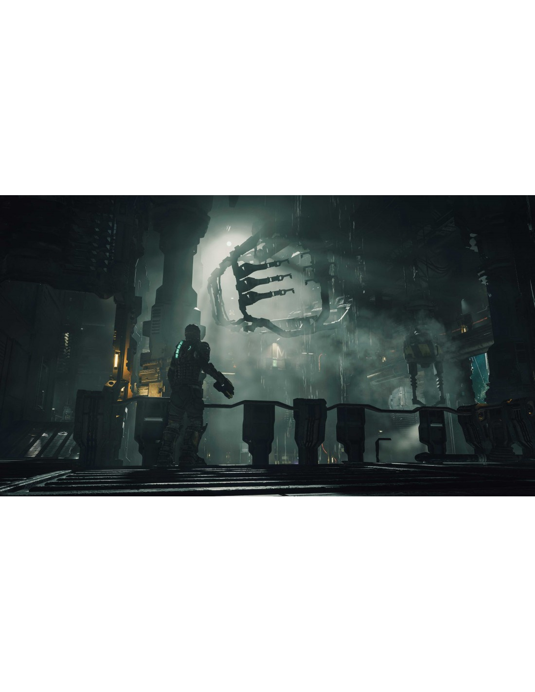 Un personaje en un entorno oscuro. La escena es industrial. Rayos de luz brillan.