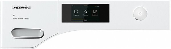 Primer plano del panel de control de una lavadora blanca con pantalla negra.
