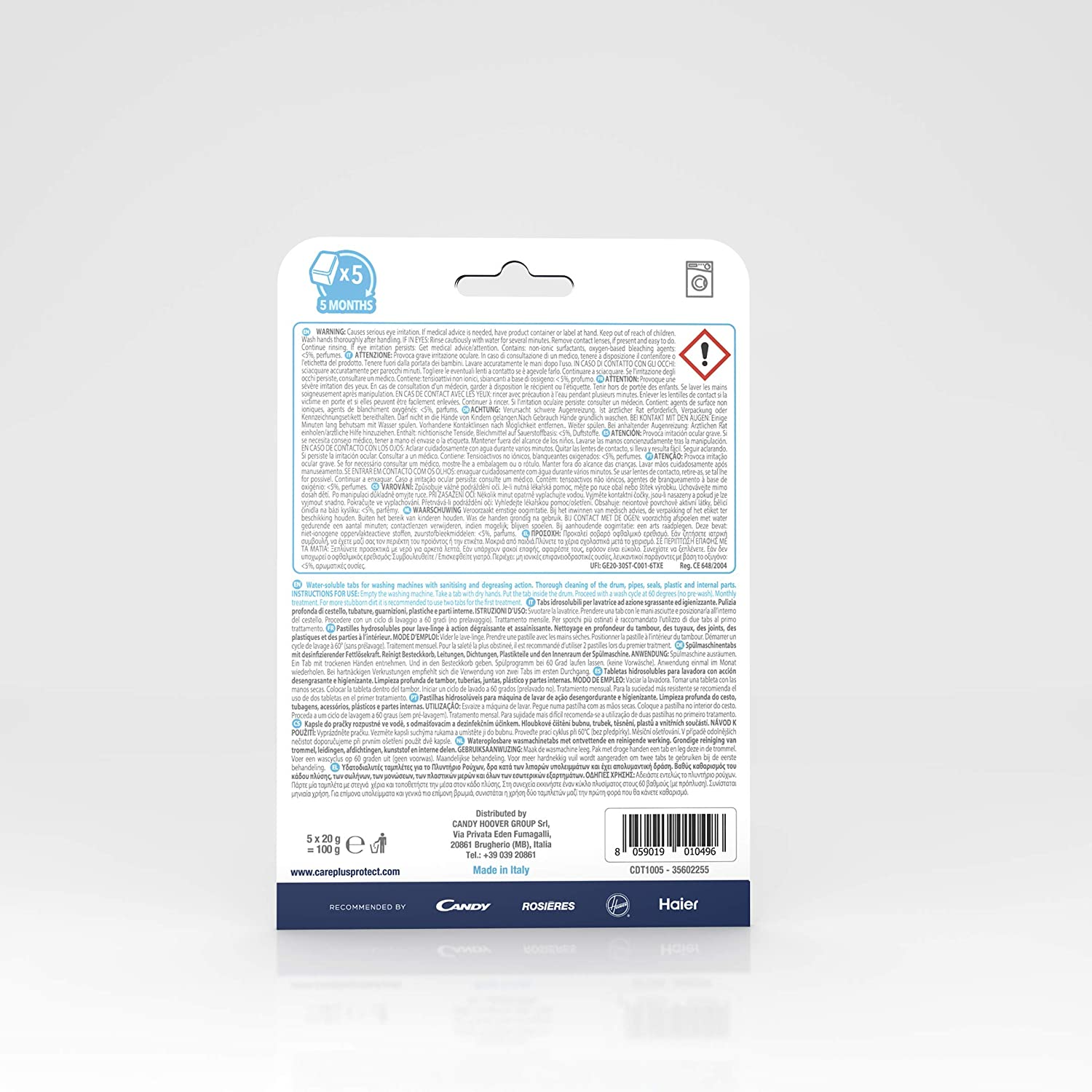 Un paquete con texto, símbolos de advertencia y una lista de ingredientes. Es una caja blanca y azul.