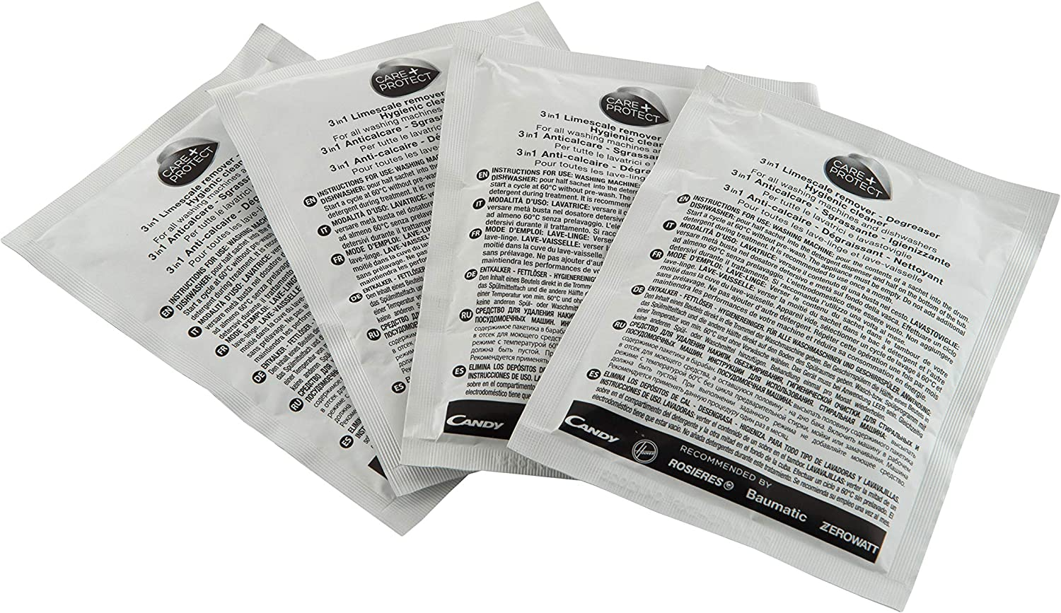 Cuatro sobres Care+Protect 3 en 1 antical con instrucciones en varios idiomas.