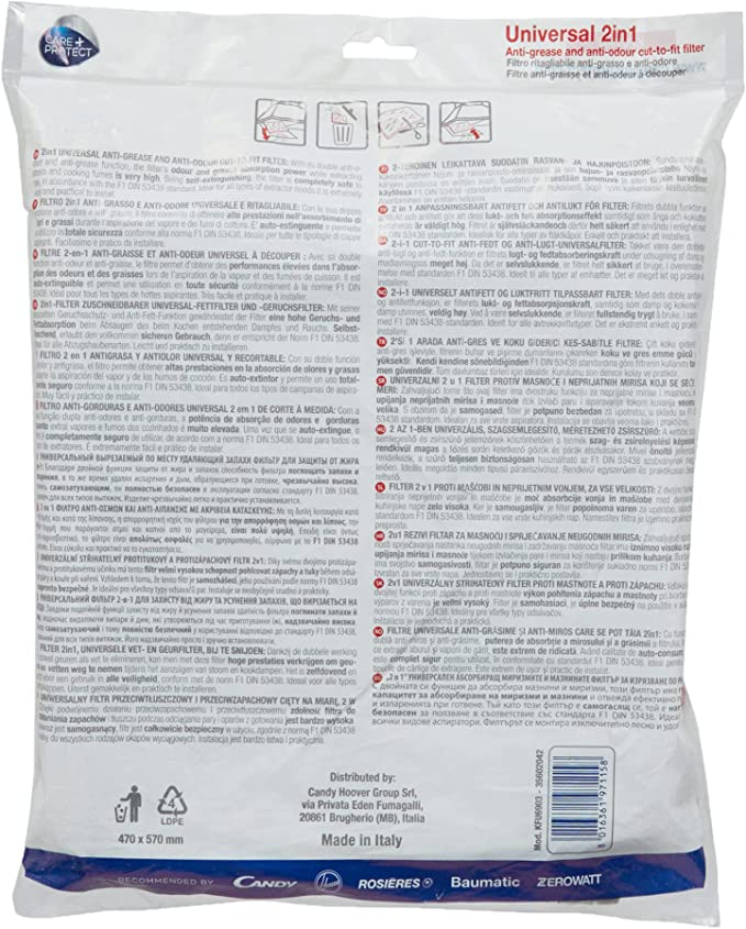 Un embalaje de producto muestra varios idiomas, detallando las especificaciones y características de un filtro.