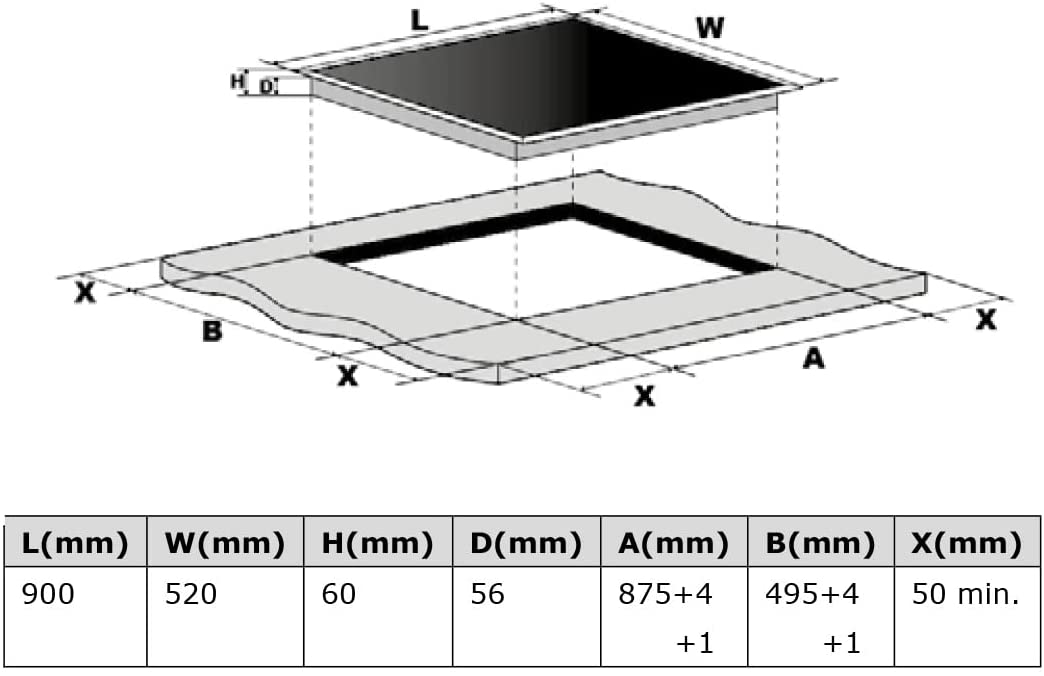 Diagrama de una placa de cocina con dimensiones. La placa es negra y se encuentra en un área recortada.
