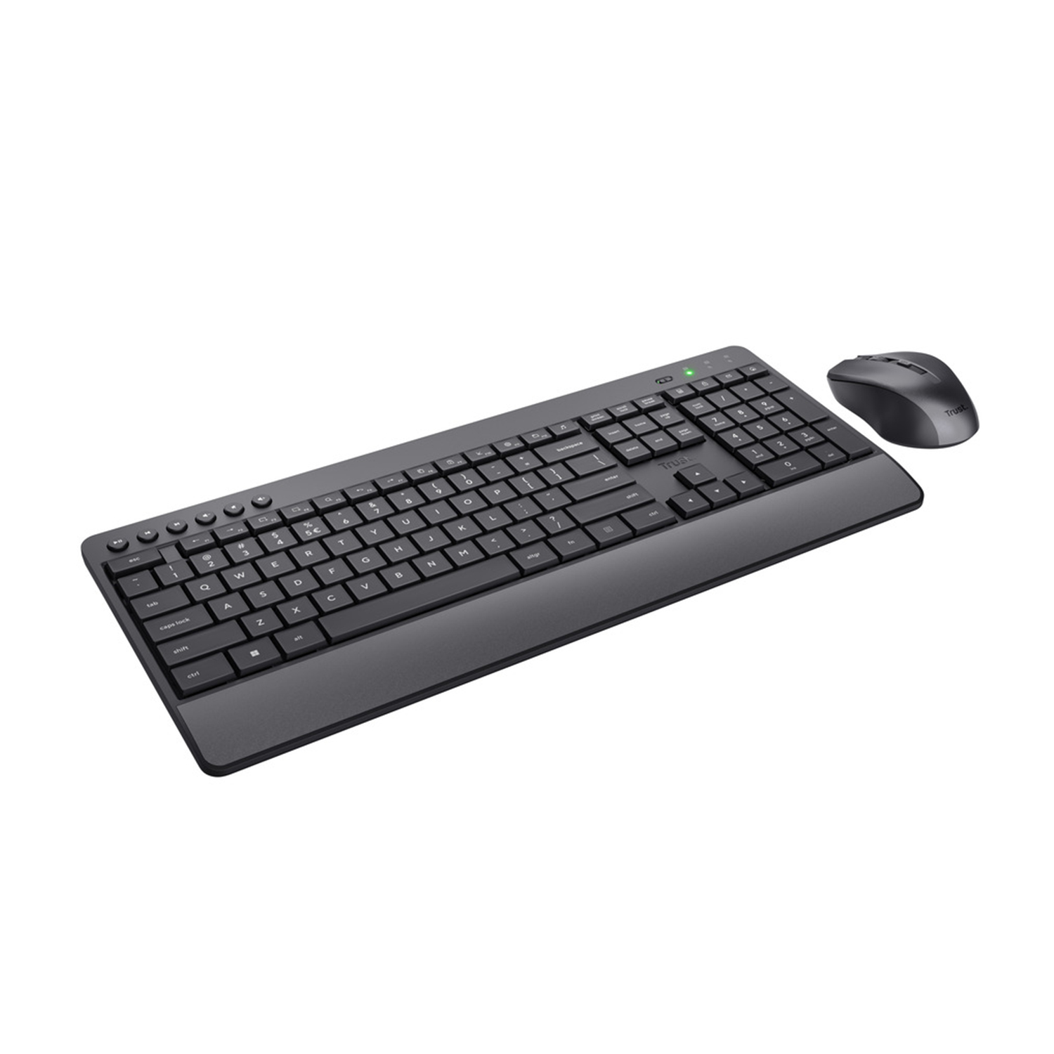 Set tastiera e mouse neri su bianco. La tastiera ha tasti, il mouse è a destra.
