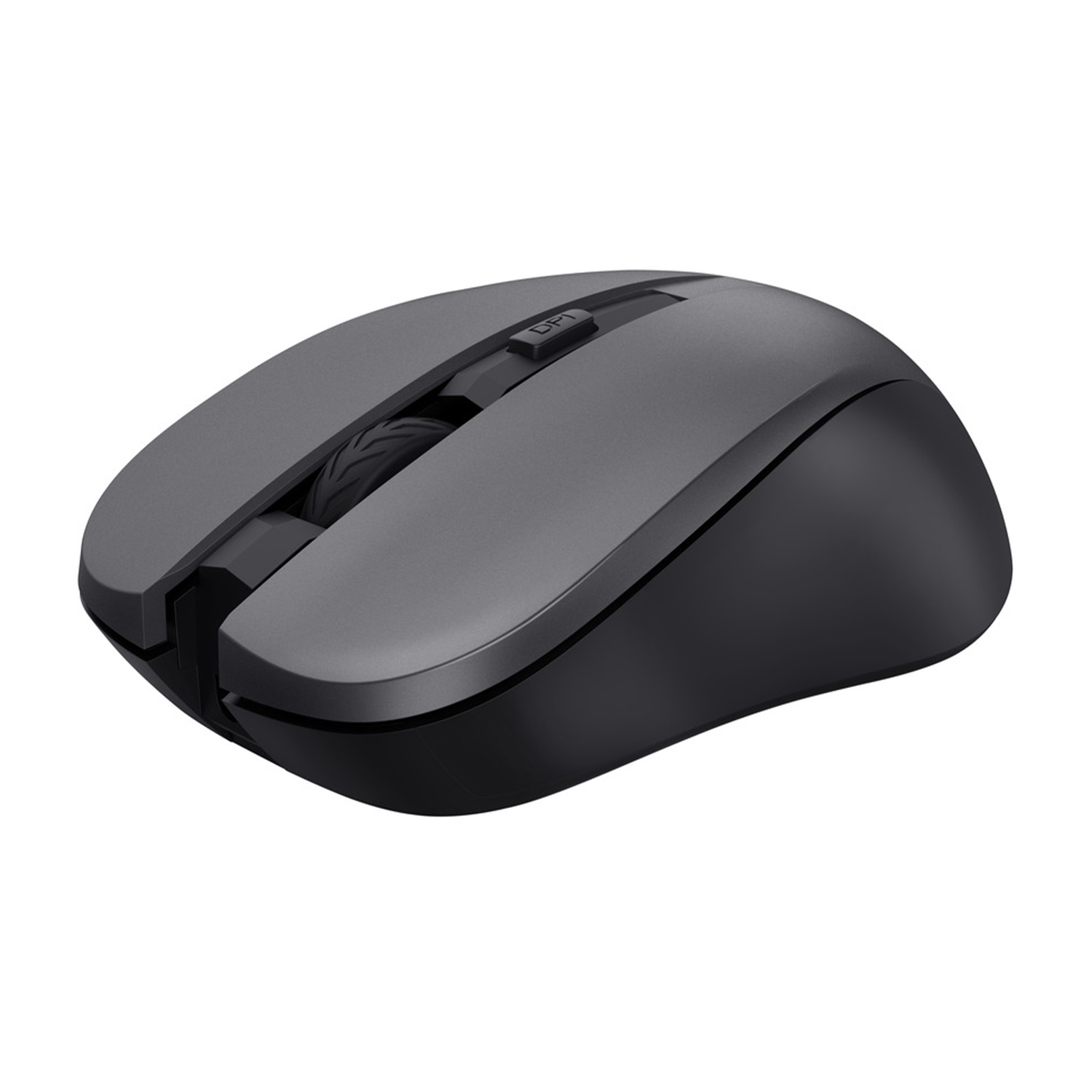 Un mouse wireless grigio scuro è mostrato da una vista laterale, con una rotellina e pulsanti neri.