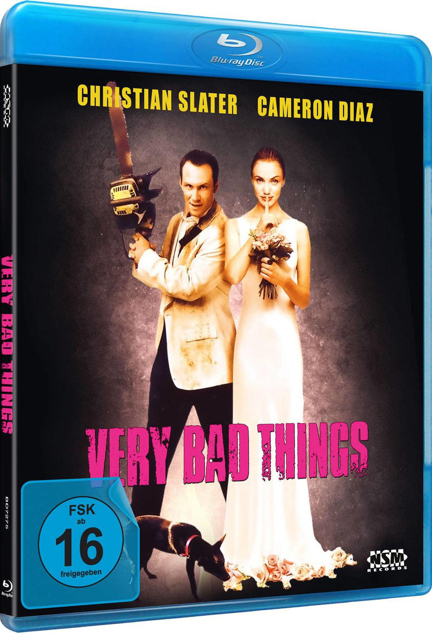 DVD-Cover für den Film 'Very Bad Things'. Es zeigt Schauspieler und einen Hund. Der Hintergrund ist blau.