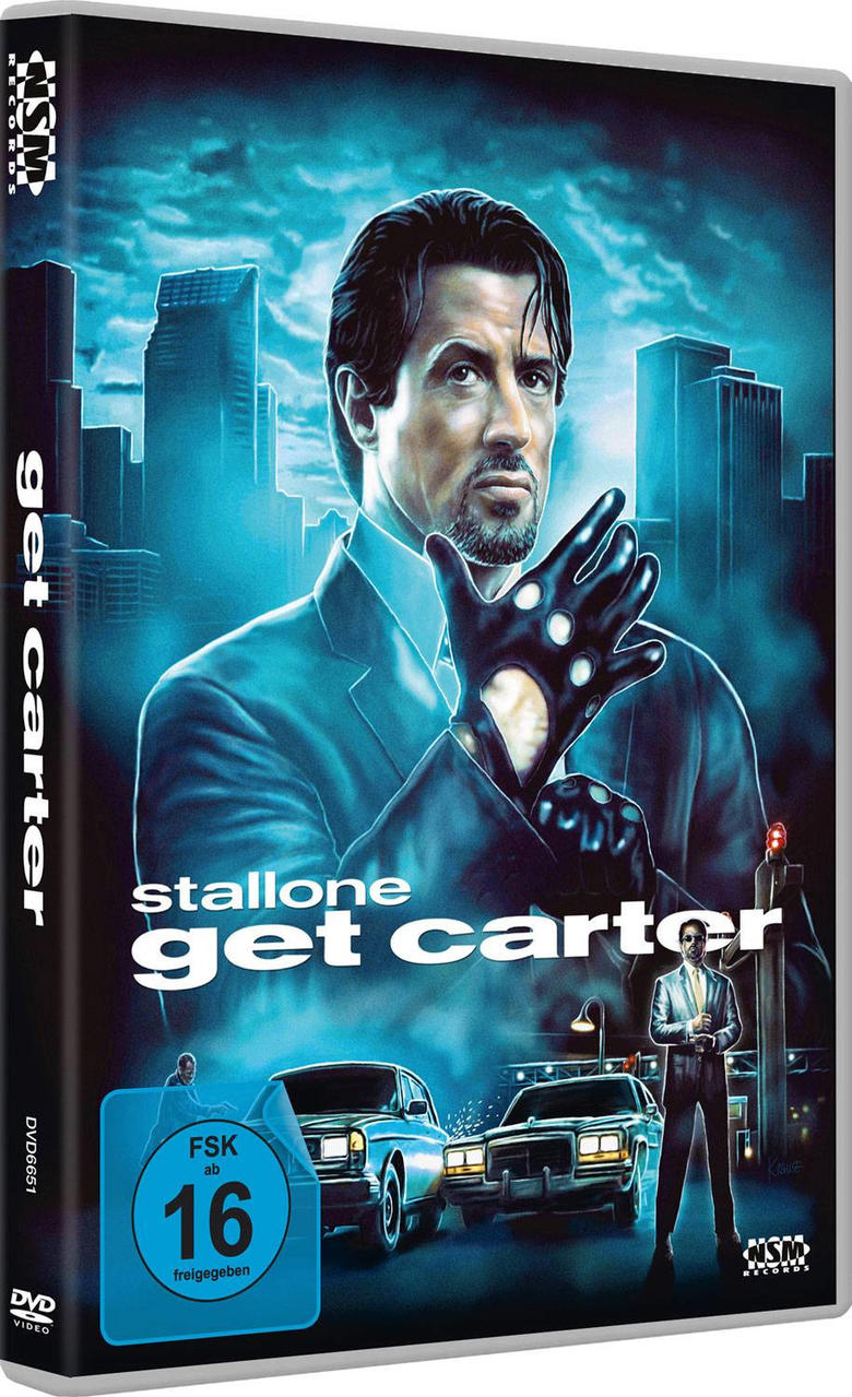 Eine DVD-Box für 'Get Carter' mit einem Mann in Anzug und Handschuhen, in einer blauen Stadtszene.