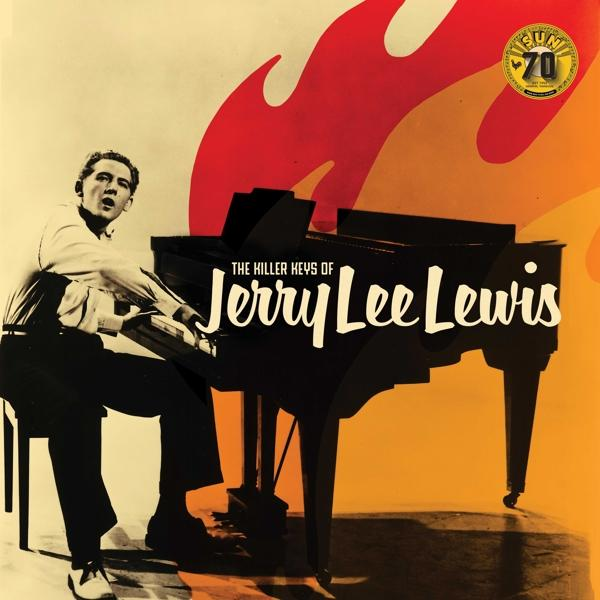 Pochette d'album de Jerry Lee Lewis. Il joue du piano avec des flammes.
