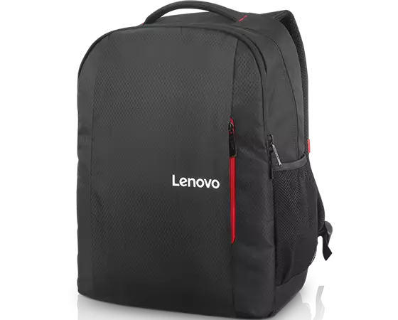 Kırmızı fermuar detaylı siyah Lenovo sırt çantası, yansıtıcı bir yüzeyde.