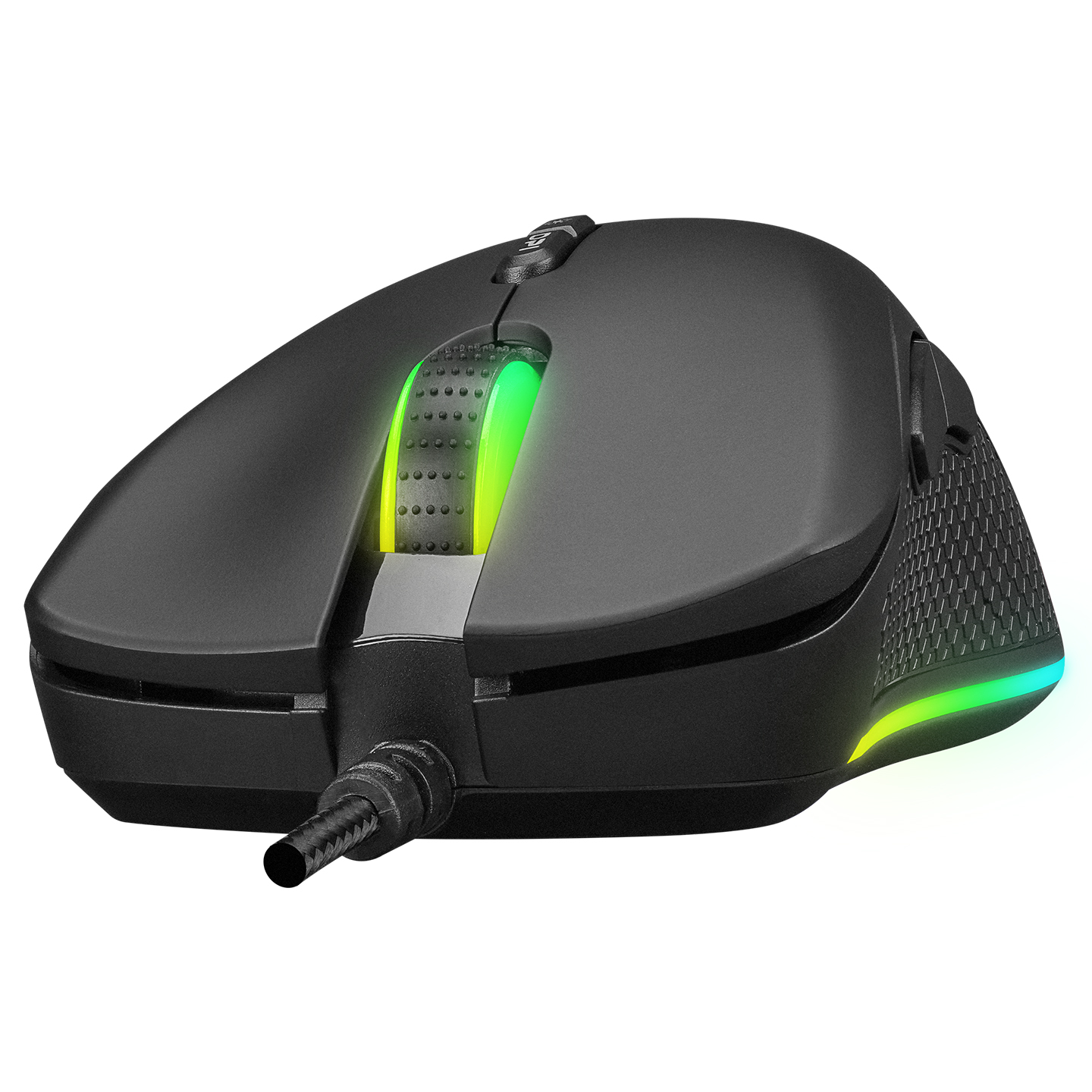 RGB aydınlatmalı siyah oyun faresi, üstten ve yandan görünümlerini gösteriyor.