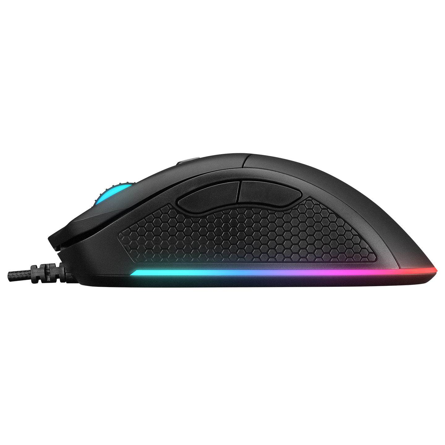 Alt kenarında RGB aydınlatmalı siyah oyun faresi. Dokulu bir tutma alanına ve bir kaydırma tekerleğine sahip.