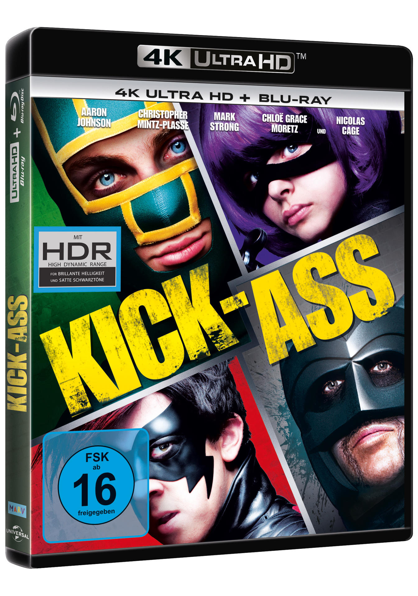 Kick-Ass-Filmcover mit Figuren, Logos und Text auf einer Blu-ray-Hülle.
