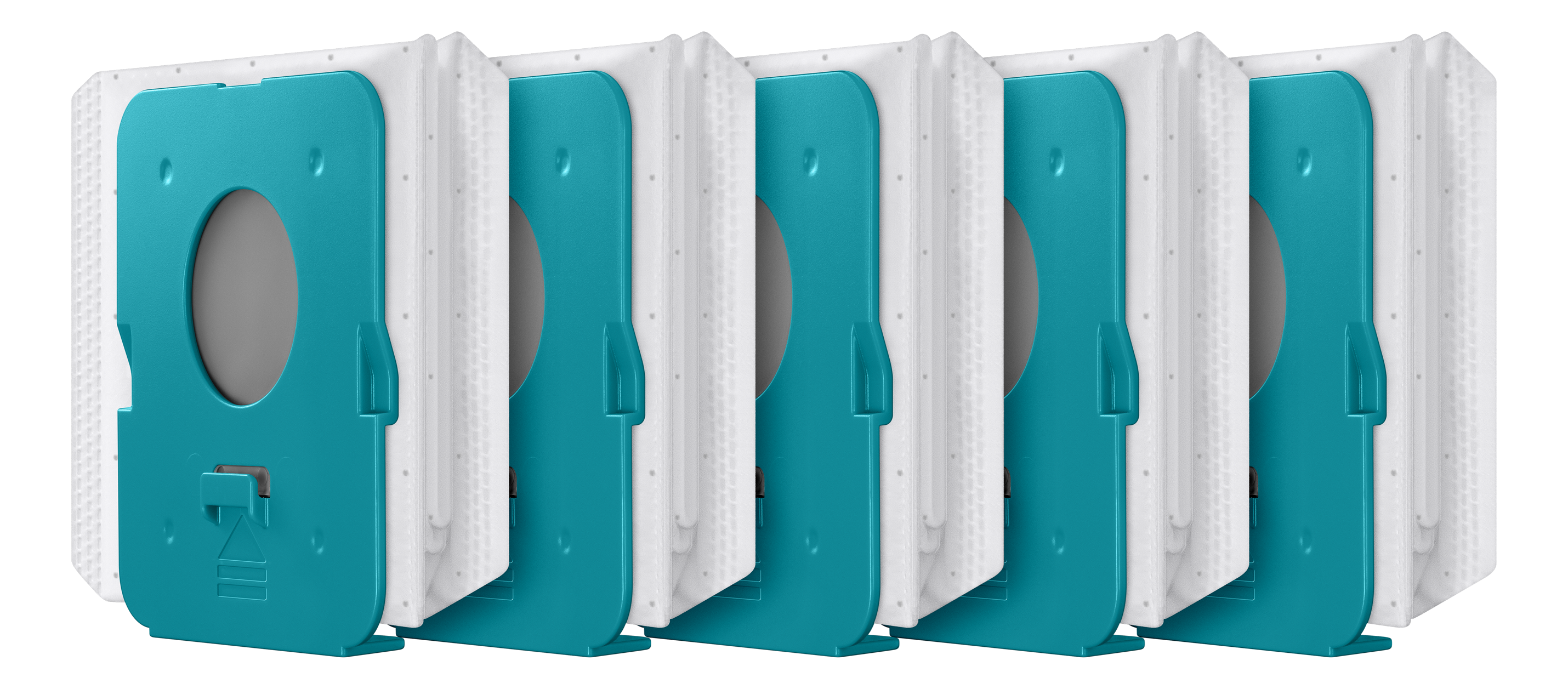 Set di sei sacchetti per aspirapolvere, blu turchese, in fila.