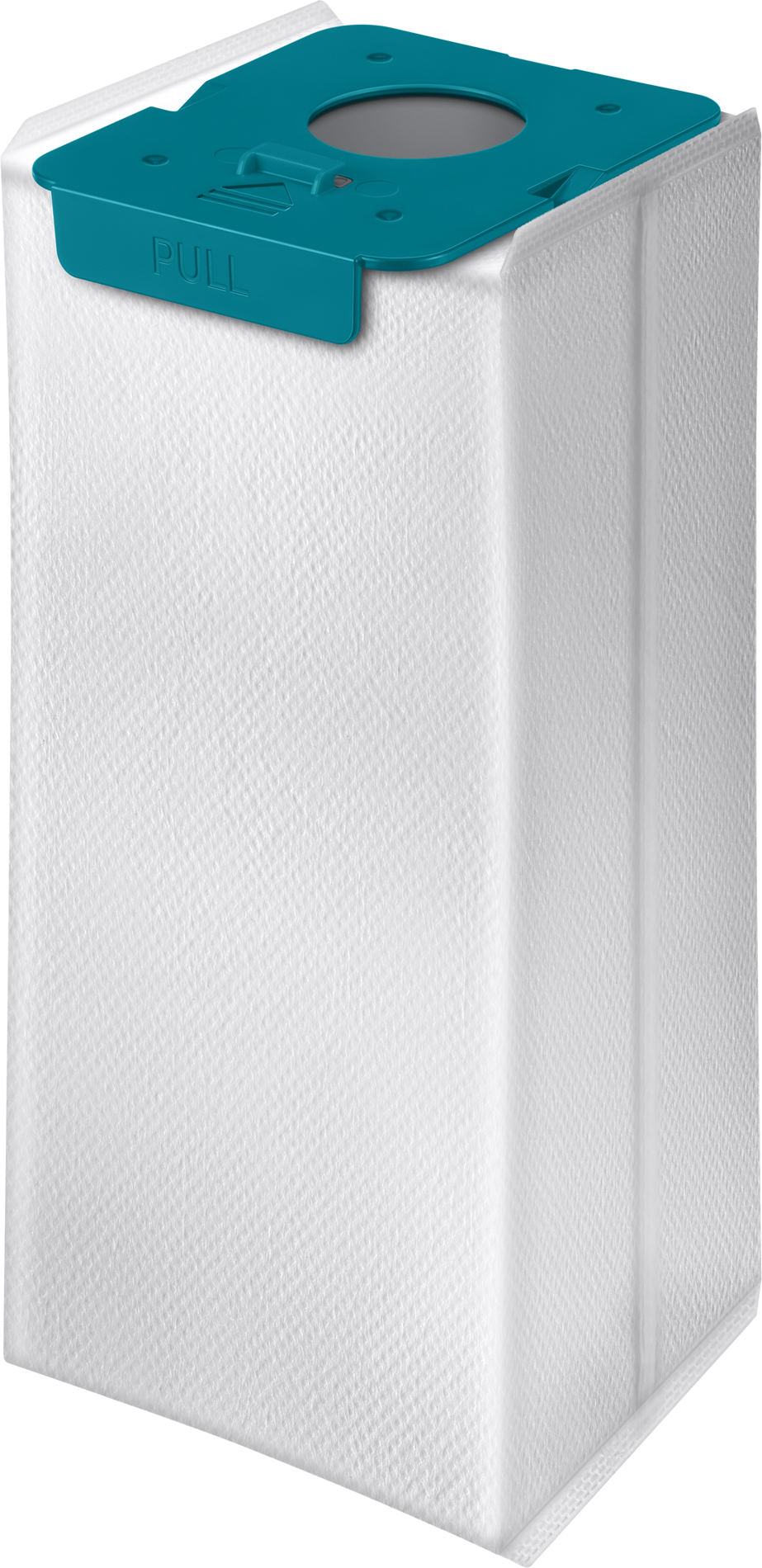 Sacco aspirapolvere bianco con parte superiore verde acqua, etichettato 'tirare'.