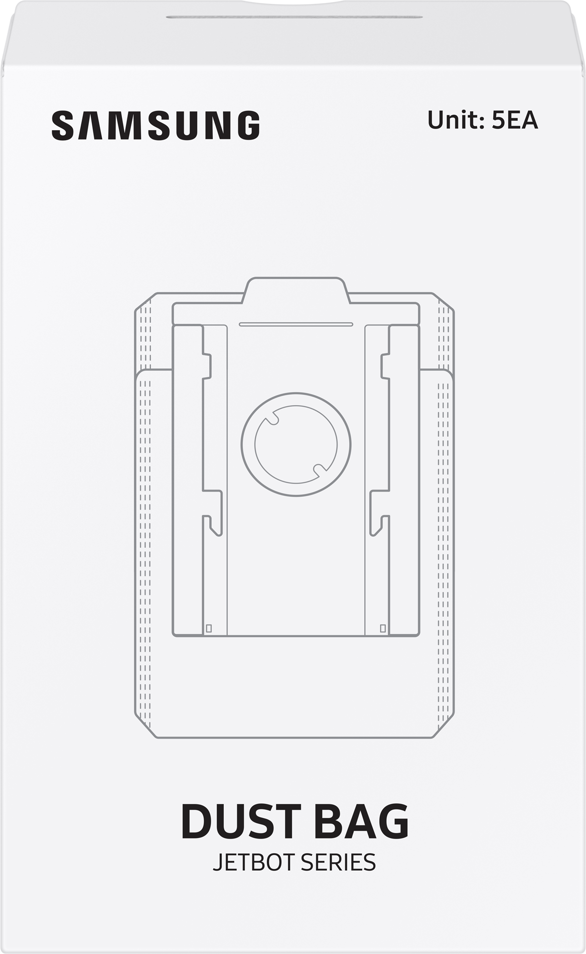 Una scatola bianca con un disegno di un sacchetto per la polvere. Il testo sulla scatola dice "SAMSUNG DUST BAG JETBOT SERIES".