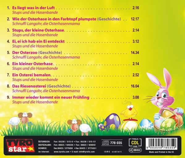 Rückseite einer CD mit Cartoon-Kaninchen, Eiern und Text auf Deutsch. Gelber Hintergrund.