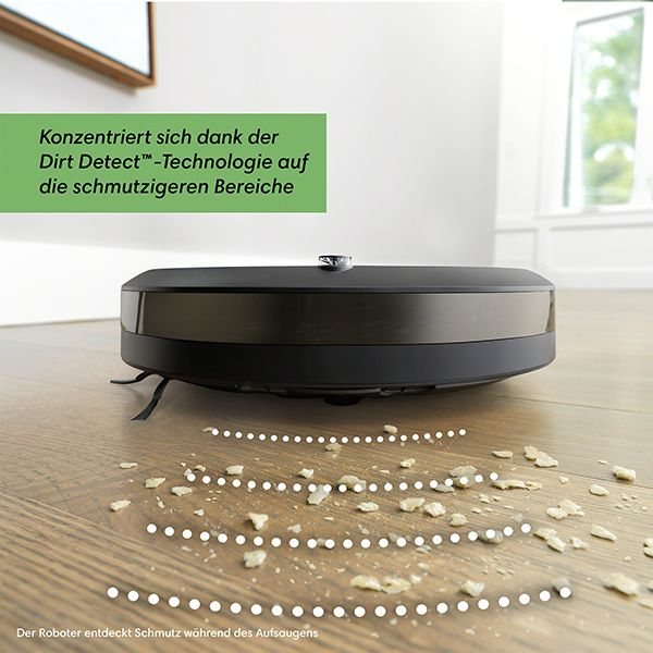 Aspirateur robot nettoyant un sol en bois. Le texte indique la technologie Dirt Detect pour les zones sales.