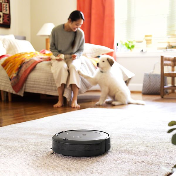 Une femme caresse un chiot tandis qu'un aspirateur robot se déplace sur un tapis. Cadre de chambre.