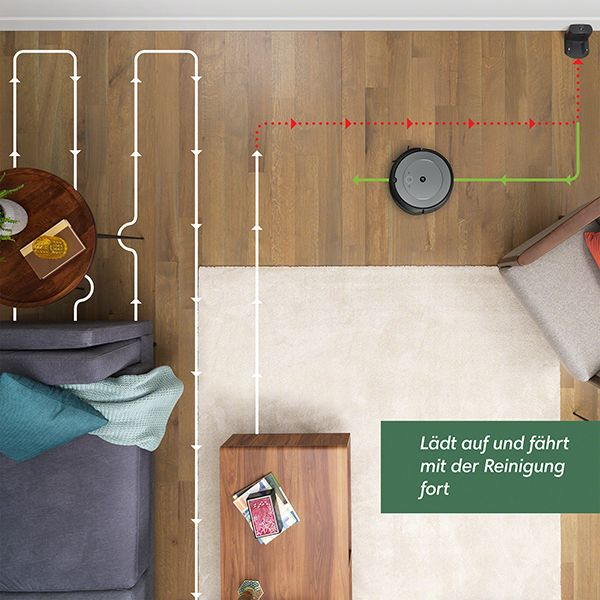 Vue de dessus d'un aspirateur robot nettoyant une pièce. Montre le trajet du nettoyeur et l'agencement des meubles.