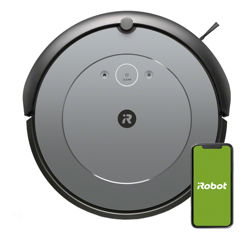 Un aspirateur robot gris avec un smartphone.
