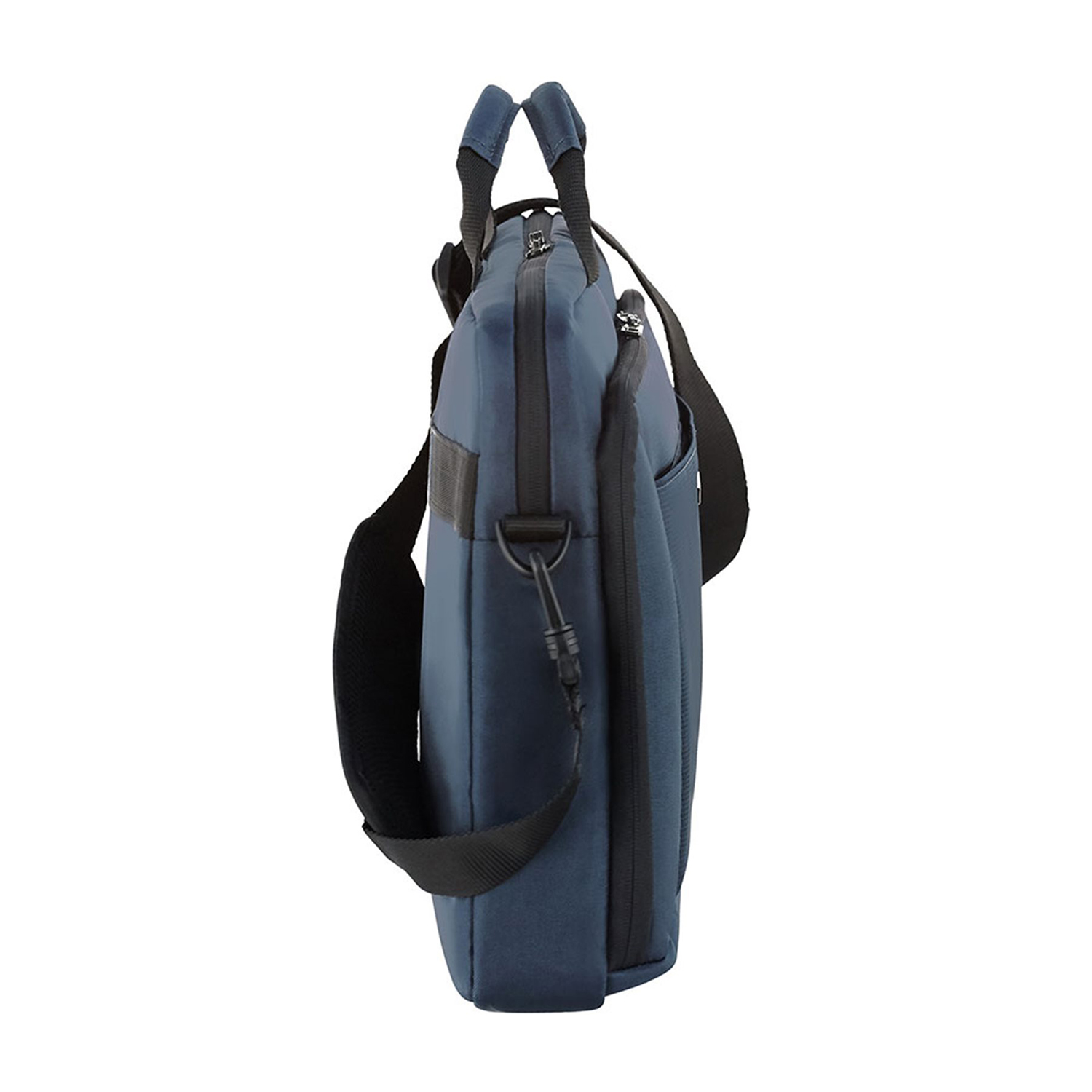 Una borsa per laptop blu navy con tracolla è mostrata in vista laterale.